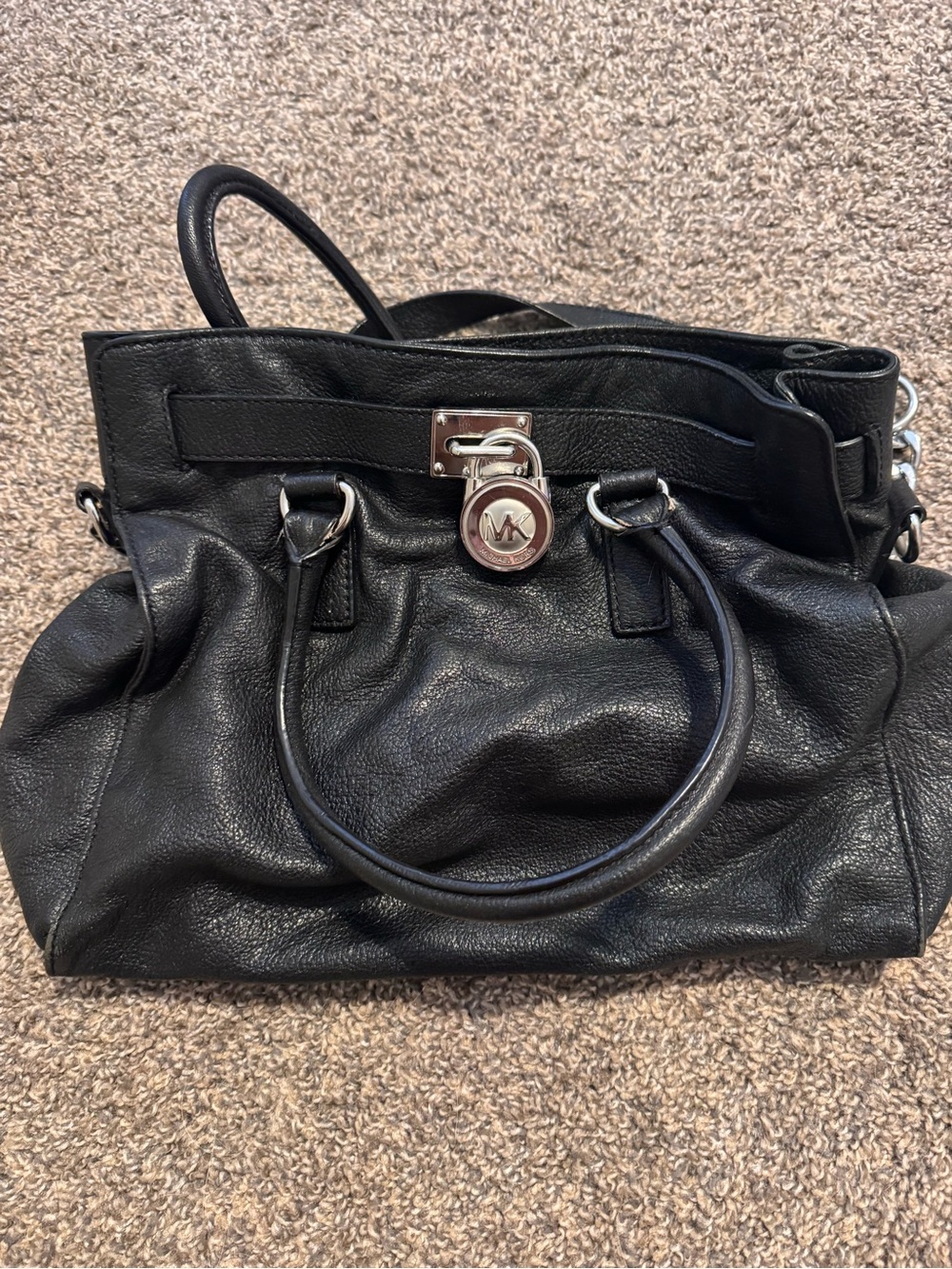 Michael Kors Hamilton Black Pebbled Leather Tote with Silver MK Lock